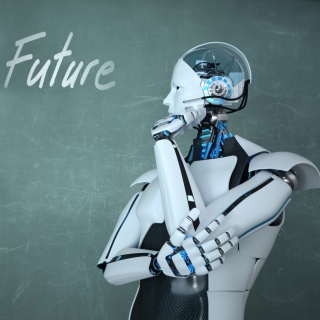 Humanoider Roboter denkt über die Zukunft nach.